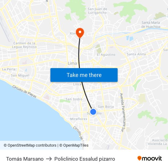 Tomás Marsano to Policlinico Essalud pizarro map