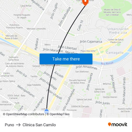 Puno to Clínica San Camilo map