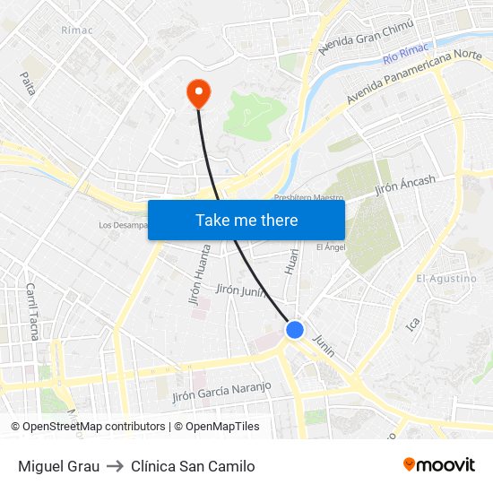Miguel Grau to Clínica San Camilo map