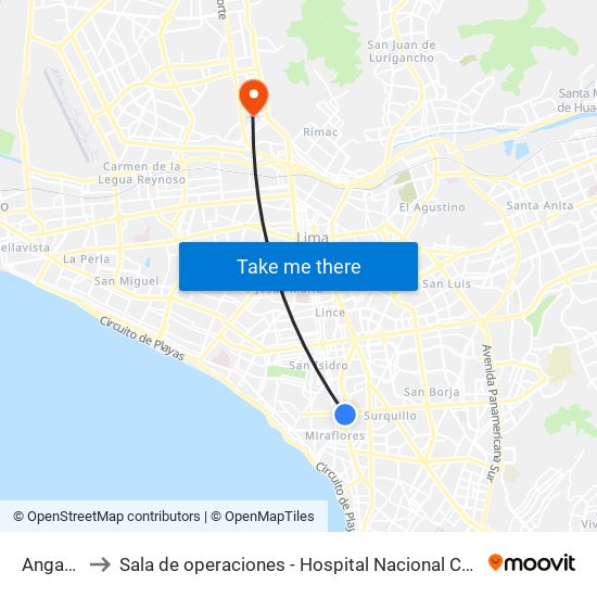 Angamos to Sala de operaciones - Hospital Nacional Cayetano Heredia map