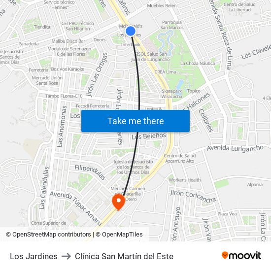 Los Jardines to Clínica San Martín del Este map
