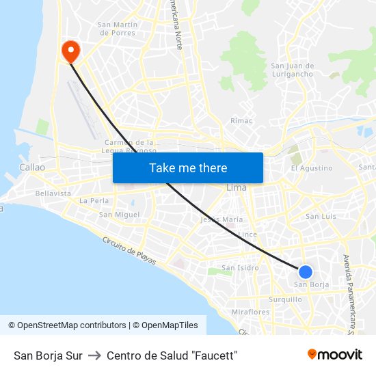 San Borja Sur to Centro de Salud "Faucett" map