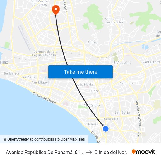 Avenida República De Panamá, 6190 to Clínica del Norte map