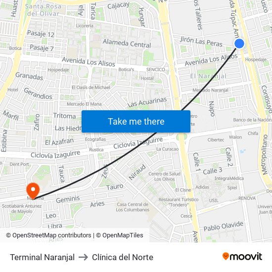 Terminal Naranjal to Clínica del Norte map