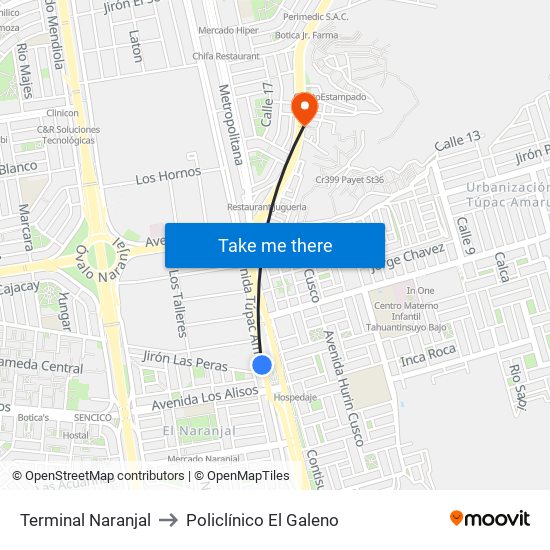 Terminal Naranjal to Policlínico El Galeno map