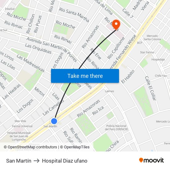 San Martín to Hospital Diaz ufano map