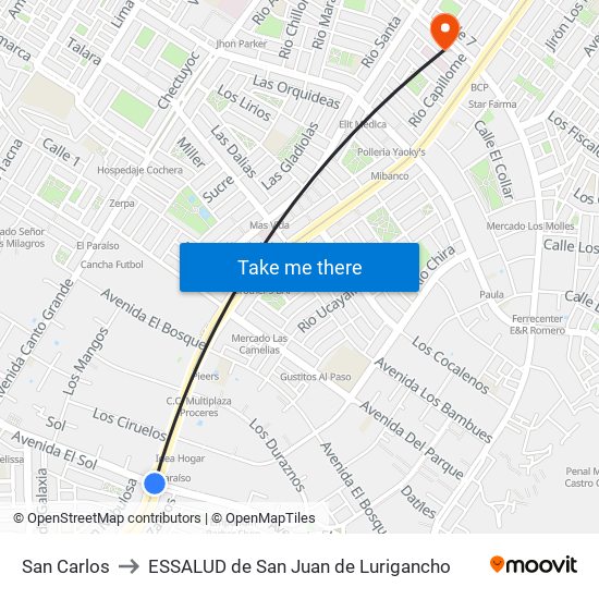 San Carlos to ESSALUD de San Juan de Lurigancho map