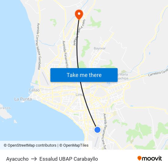 Ayacucho to Essalud UBAP Carabayllo map