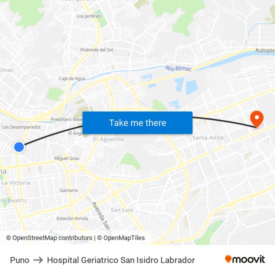 Puno to Hospital Geriatrico San Isidro Labrador map