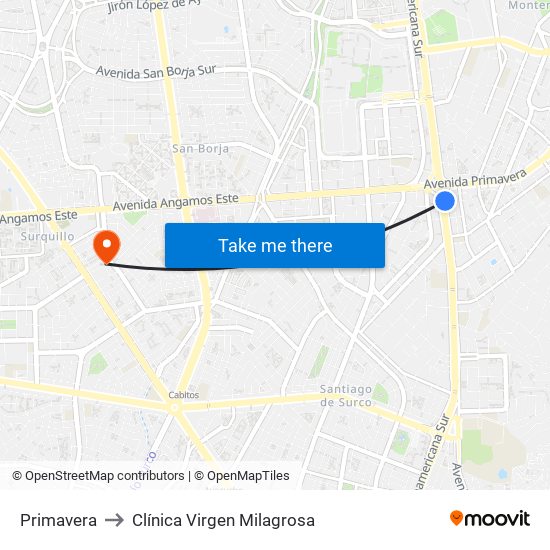 Primavera to Clínica Virgen Milagrosa map