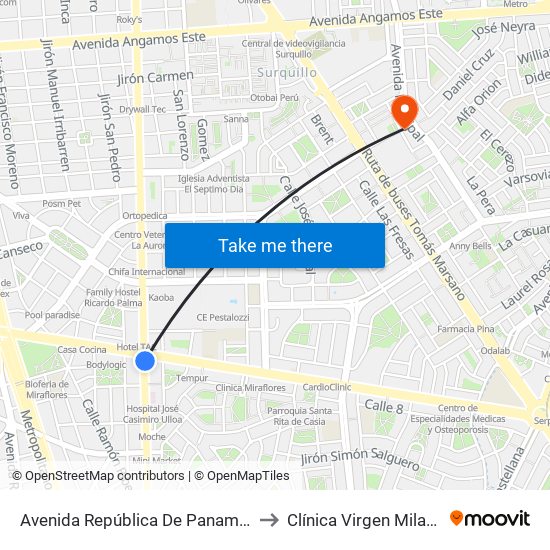 Avenida República De Panamá, 6239 to Clínica Virgen Milagrosa map