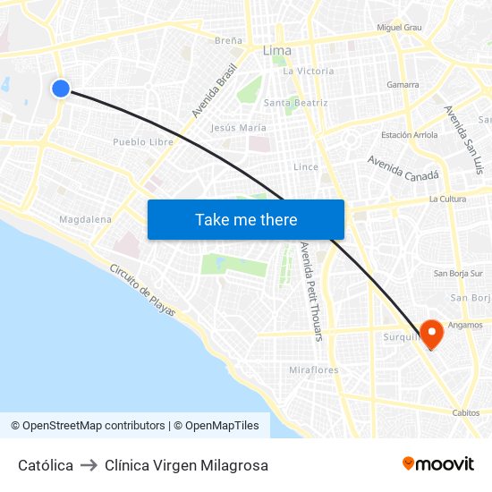 Católica to Clínica Virgen Milagrosa map