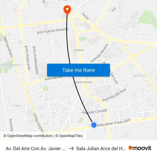 Av. Del Aire Con Av. Javier Prado to Sala Julian Arce del HNDM map