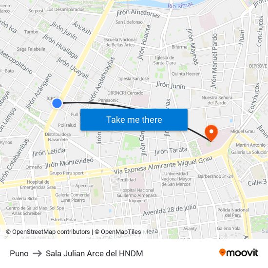 Puno to Sala Julian Arce del HNDM map