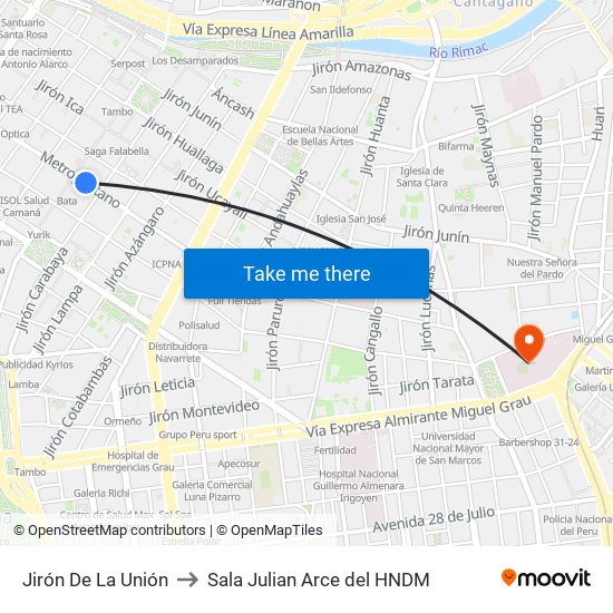 Jirón De La Unión to Sala Julian Arce del HNDM map