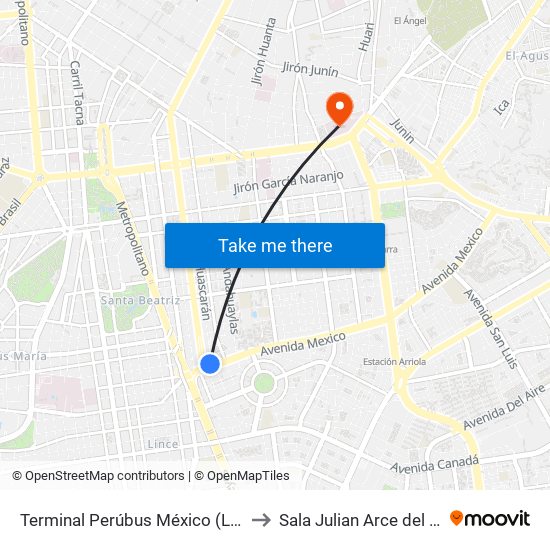 Terminal Perúbus México (Llegadas) to Sala Julian Arce del HNDM map