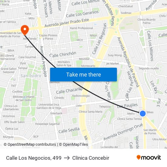 Calle Los Negocios, 499 to Clínica Concebir map