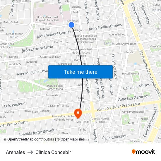 Arenales to Clínica Concebir map