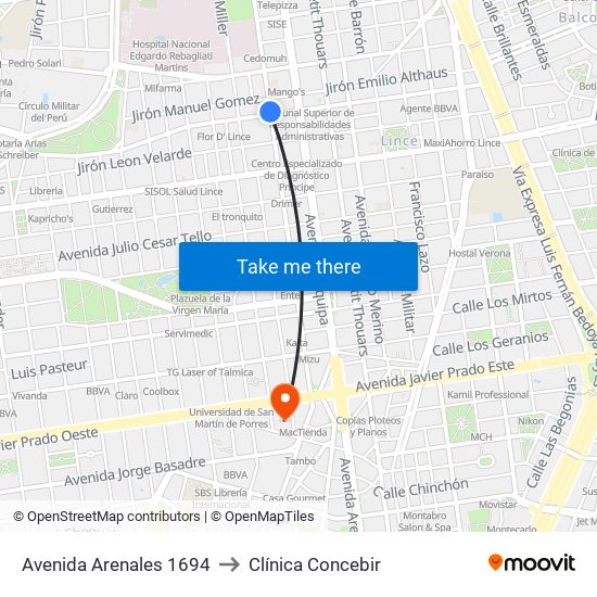 Avenida Arenales 1694 to Clínica Concebir map