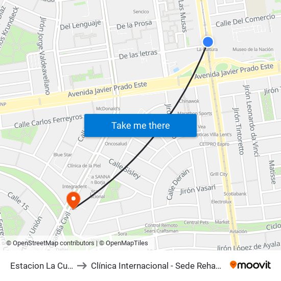 Estacion La Cultura to Clínica Internacional - Sede Rehabilitación map
