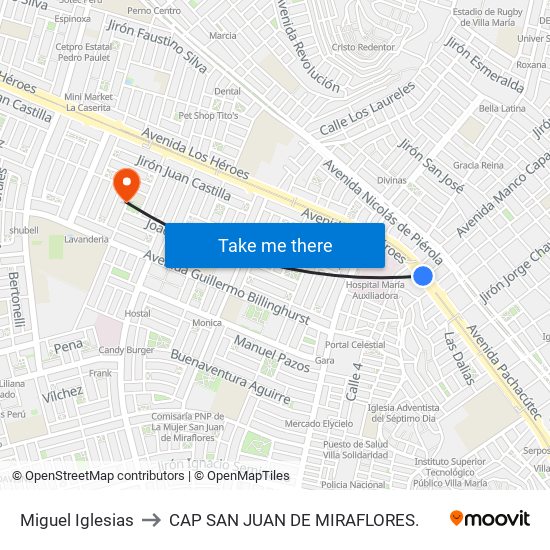 Miguel Iglesias to CAP SAN JUAN DE MIRAFLORES. map