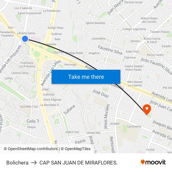 Bolichera to CAP SAN JUAN DE MIRAFLORES. map