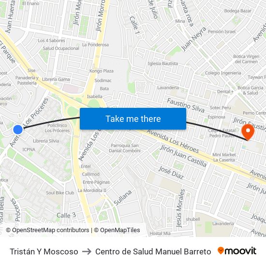 Tristán Y Moscoso to Centro de Salud Manuel Barreto map