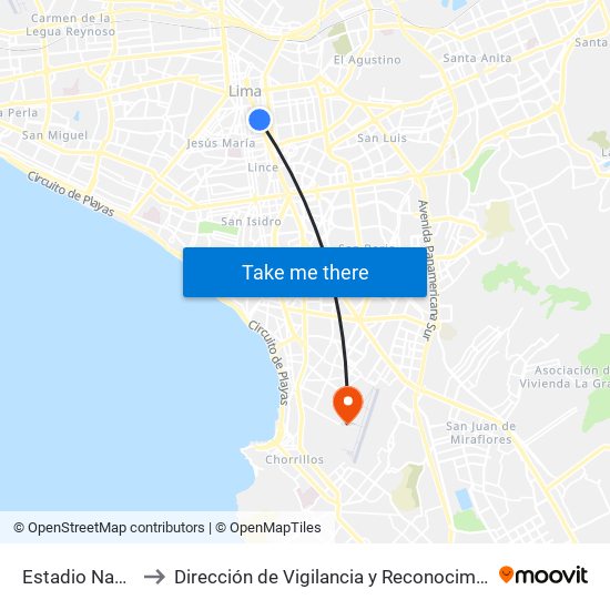 Estadio Nacional to Dirección de Vigilancia y Reconocimiento Aéreo map