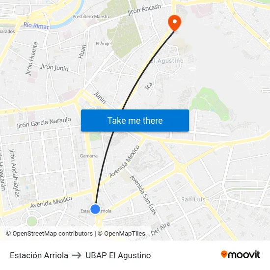 Estación Arriola to UBAP El Agustino map