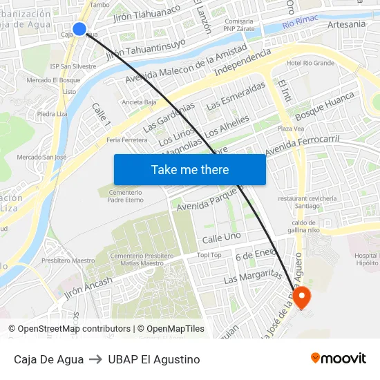 Caja De Agua to UBAP El Agustino map