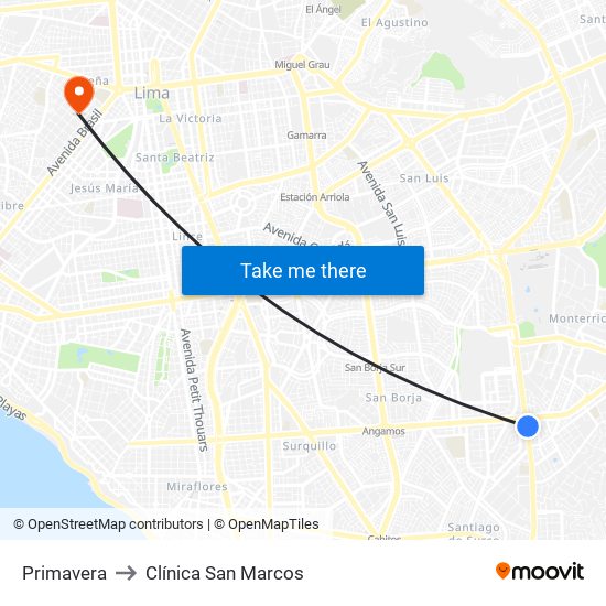 Primavera to Clínica San Marcos map