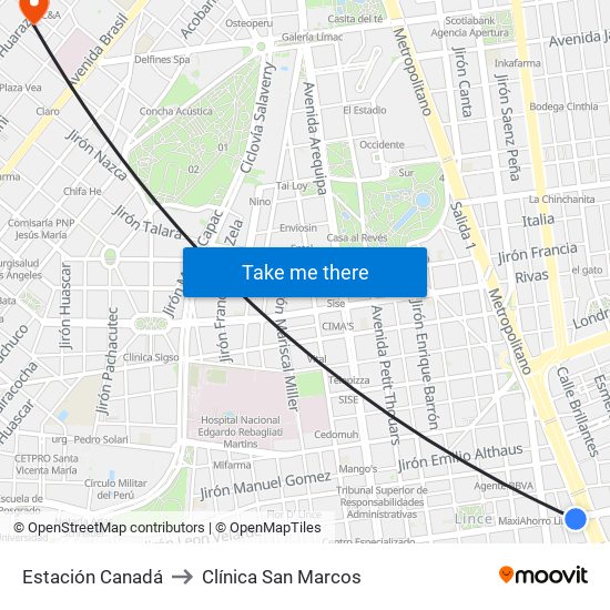 Estación Canadá to Clínica San Marcos map