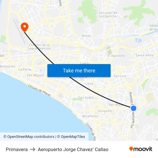 Primavera to Aeropuerto Jorge Chavez' Callao map