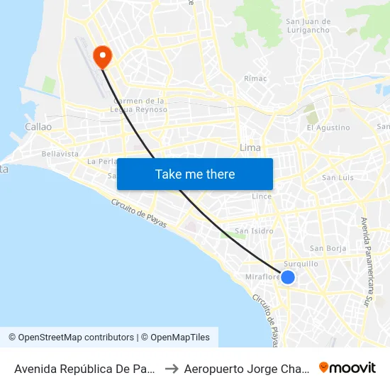 Avenida República De Panamá, 5734 to Aeropuerto Jorge Chavez' Callao map