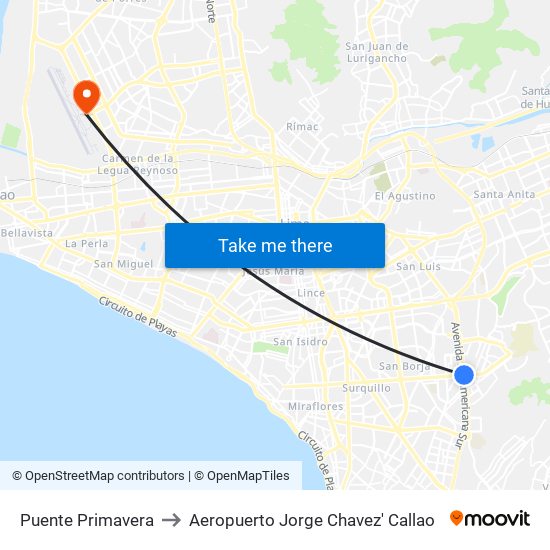 Puente Primavera to Aeropuerto Jorge Chavez' Callao map