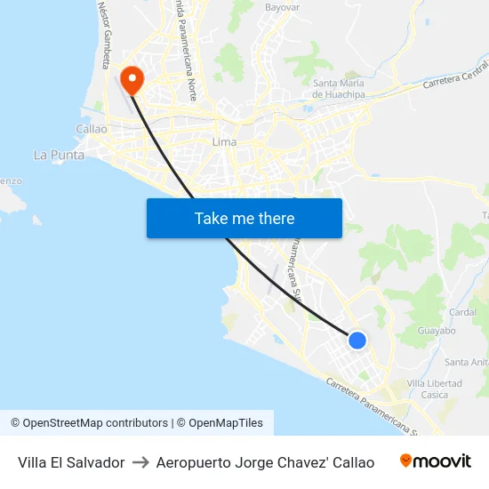 Villa El Salvador to Aeropuerto Jorge Chavez' Callao map