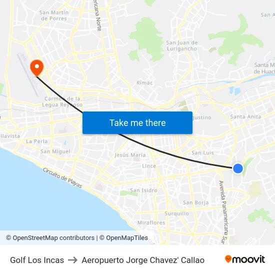 Golf Los Incas to Aeropuerto Jorge Chavez' Callao map