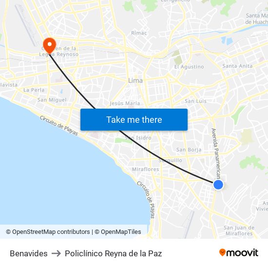Benavides to Policlínico Reyna de la Paz map