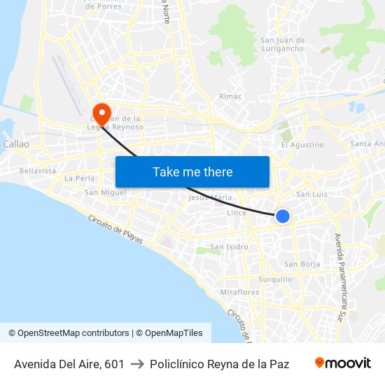 Avenida Del Aire, 601 to Policlínico Reyna de la Paz map