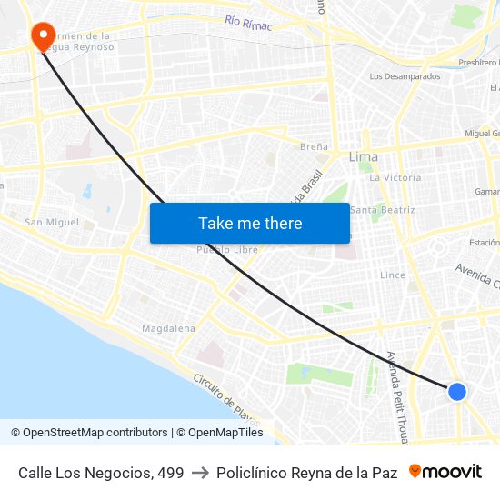 Calle Los Negocios, 499 to Policlínico Reyna de la Paz map