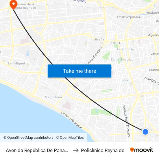 Avenida República De Panamá, 4746 to Policlínico Reyna de la Paz map