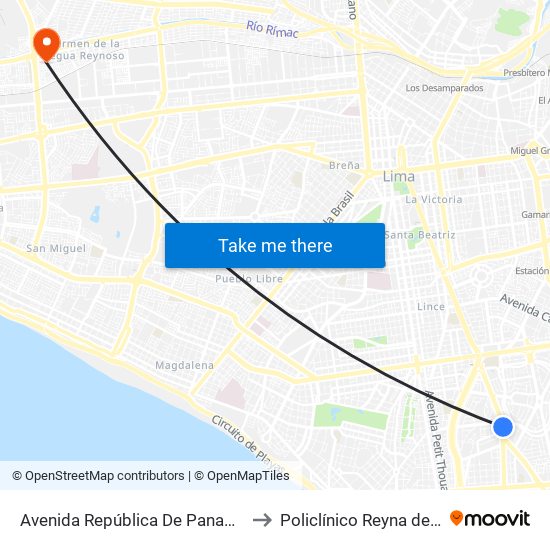Avenida República De Panamá, 3887 to Policlínico Reyna de la Paz map