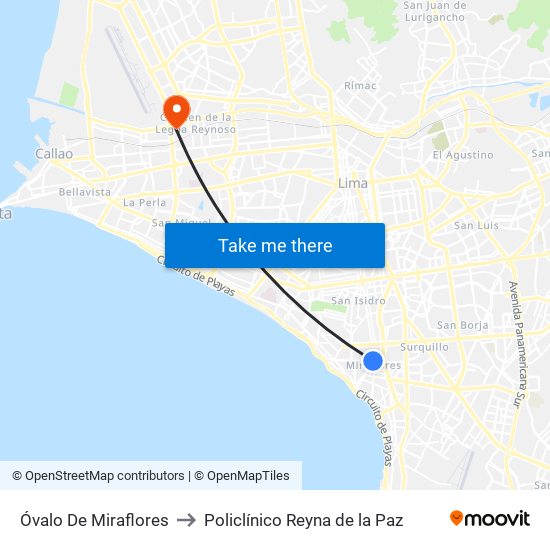 Óvalo De Miraflores to Policlínico Reyna de la Paz map