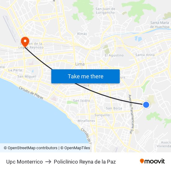 Upc Monterrico to Policlínico Reyna de la Paz map