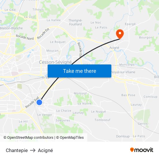 Chantepie to Acigné map