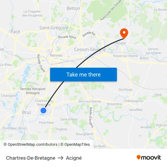 Chartres-De-Bretagne to Acigné map