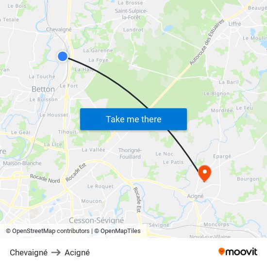 Chevaigné to Acigné map