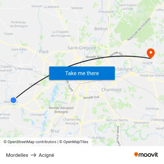 Mordelles to Acigné map