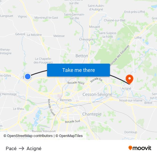 Pacé to Acigné map