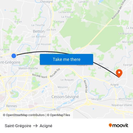 Saint-Grégoire to Acigné map
